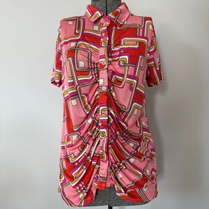 Cato Women’s Ruched Shirt Sz S Pink Red Retro Geo Print Button Down Stretch Top